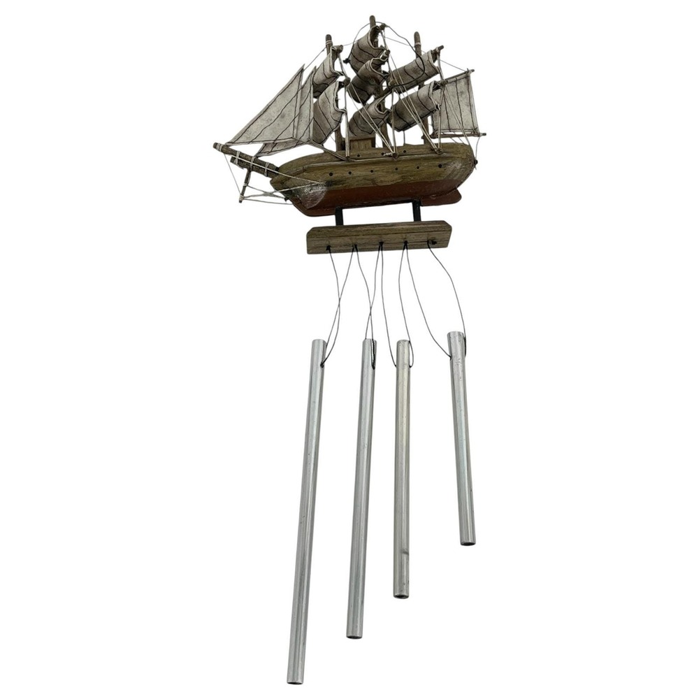 Vintage Wooden Sailing Ship Wind Chime Nautical Boat Decor Aluminum Tubes